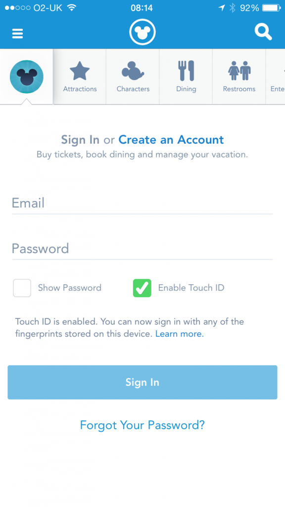 My Disney Experience Touch ID