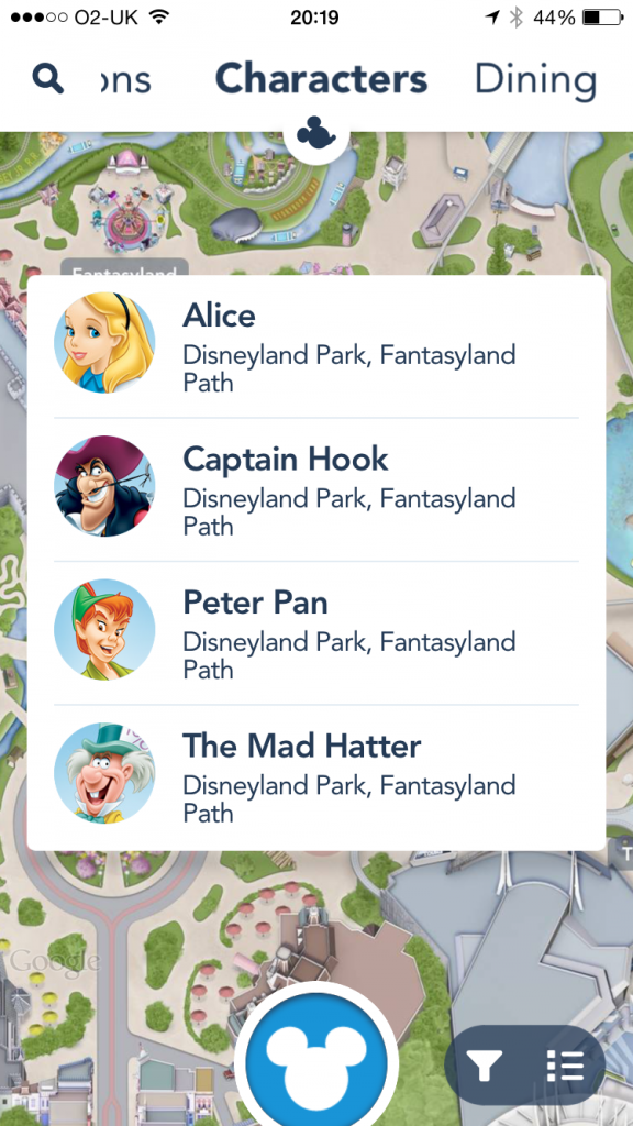 Disneyland App character view including Peter Pan, Captain Hook, The Mad Hatter and Alice