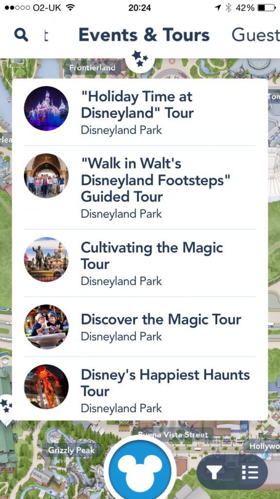 Disneyland app events and tours