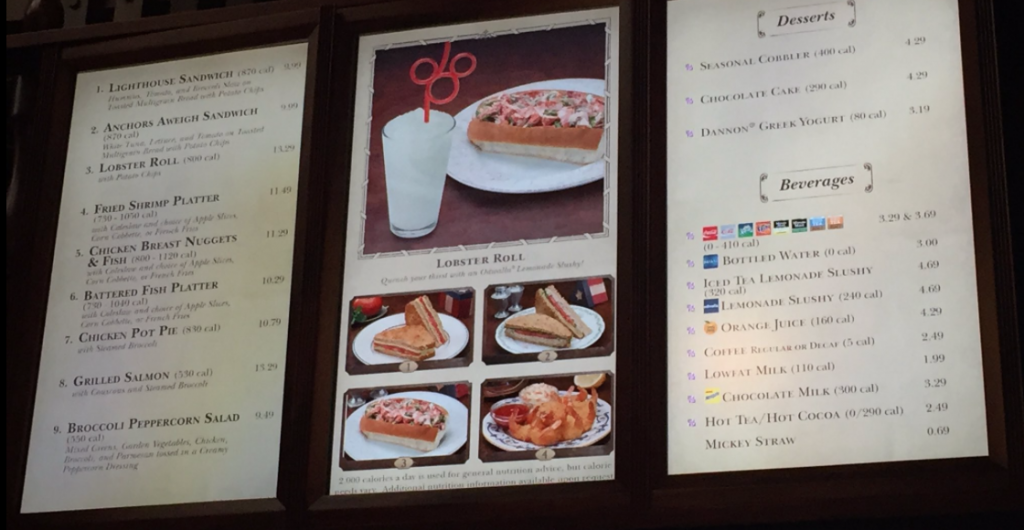 Columbia Harbor House menu with calories on it