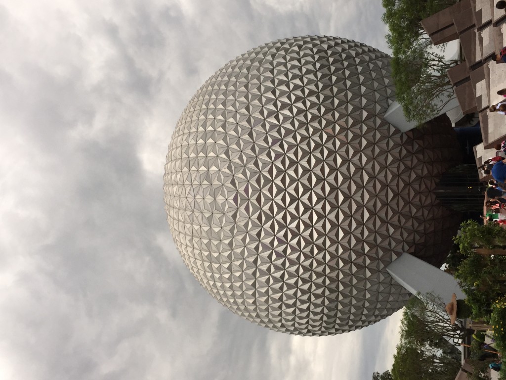 spaceship earth on a cloudy day in epcot