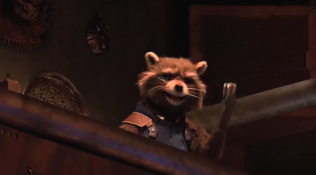 Rocket Raccoon animatronic at Guardians of the Galaxy Mission Breakout